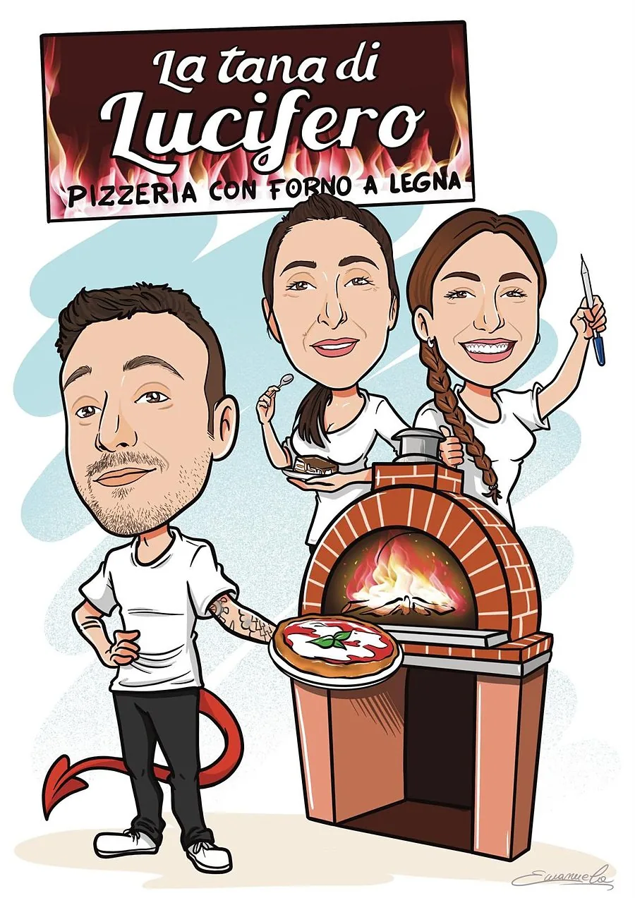 Caricatura di Andrea, Cinzia e Veronica davanti al forno, con l'insegna della Tana di Lucifero