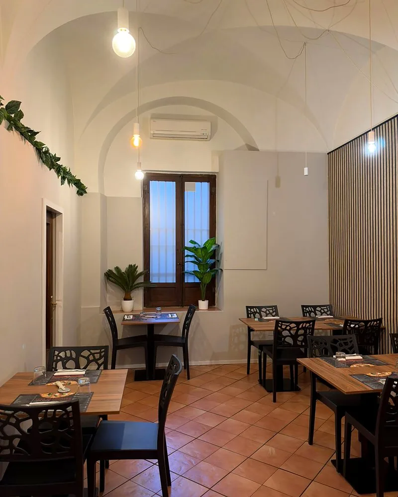 La sala con il soffitto a volta e la finestra tra le piante